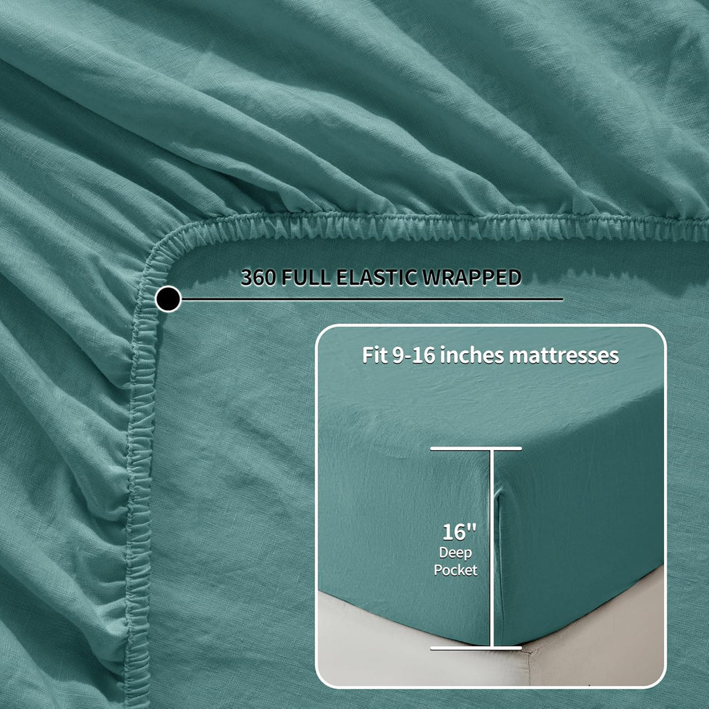 100% Pure Linen Sheet Set Deep Pocket up to 16" Bed Sheets Sets, Natural Flax Beddings Soft, Breathable, Comfortable for All Seasons Twin Size, Aqua